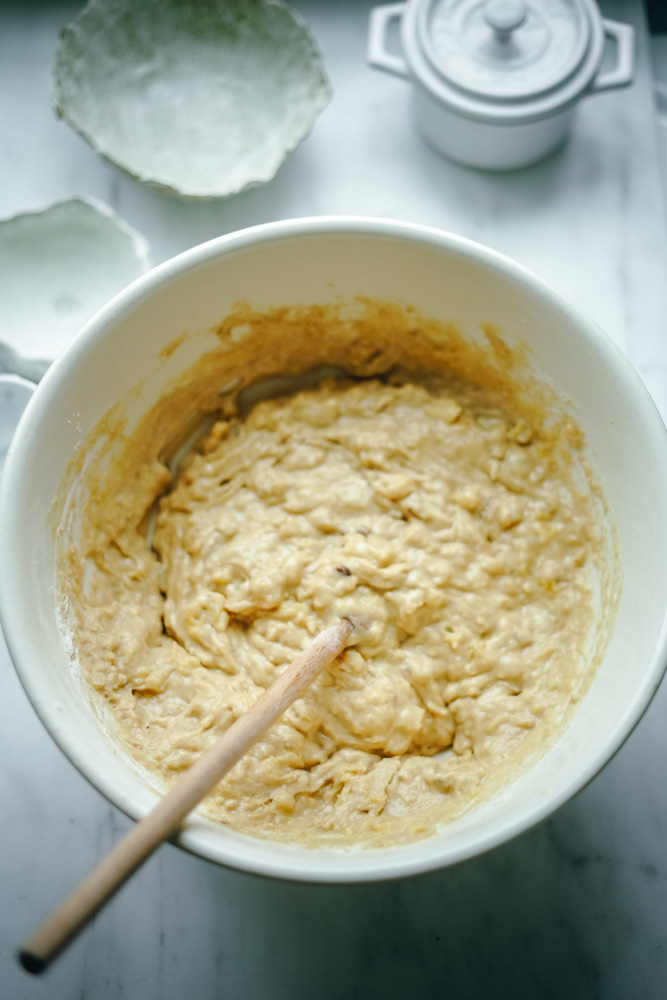 The batter mixed and ready to go into a baking loaf tray.