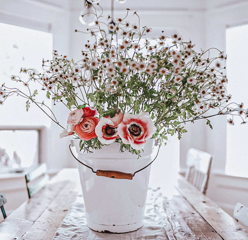 Ranunculus, anemone and feverfew flowers arranged in a white bucket.