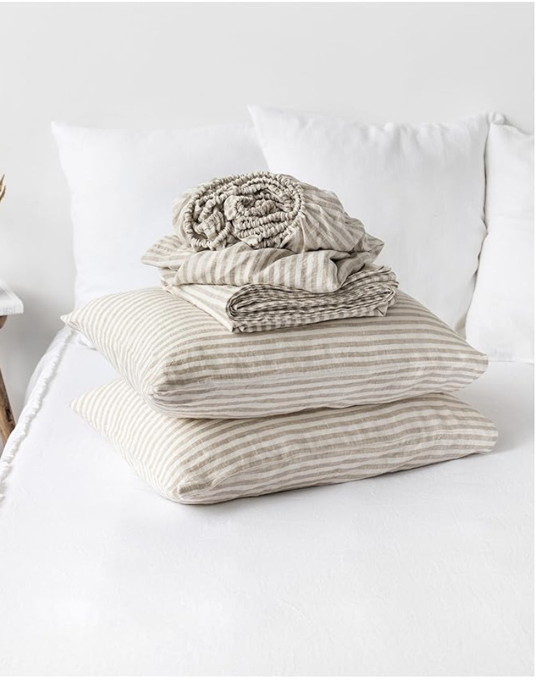 Linen sheet set - beige striped.