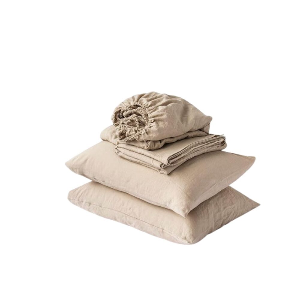 Beige linen bedding.