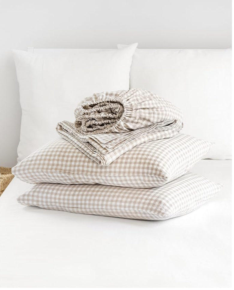 Linen sheet set - beige checkered color.