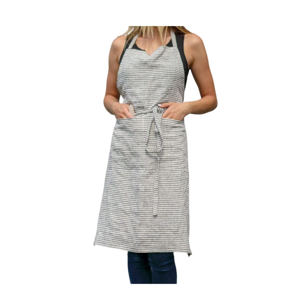 Striped linen apron with a tie.