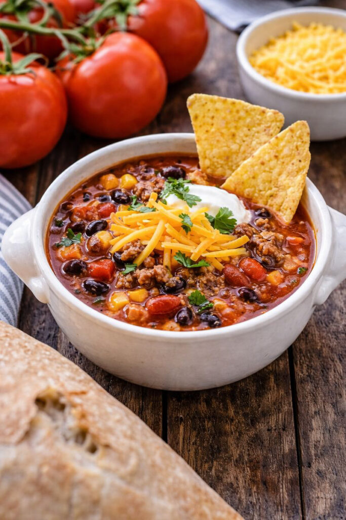 Slow cooker taco soup with shredded cheese and nacho chips in a white French antique bowl 