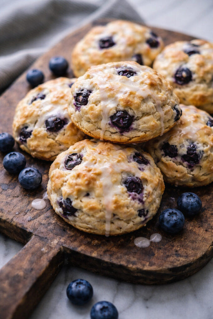 Delicious looking blueberry scones on a vintage wooden cutting board, drizzled with glaze. 