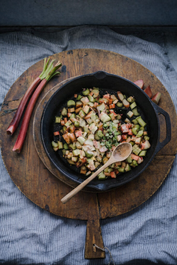 Cooking up the filling for a rhubarb galette recipe. 