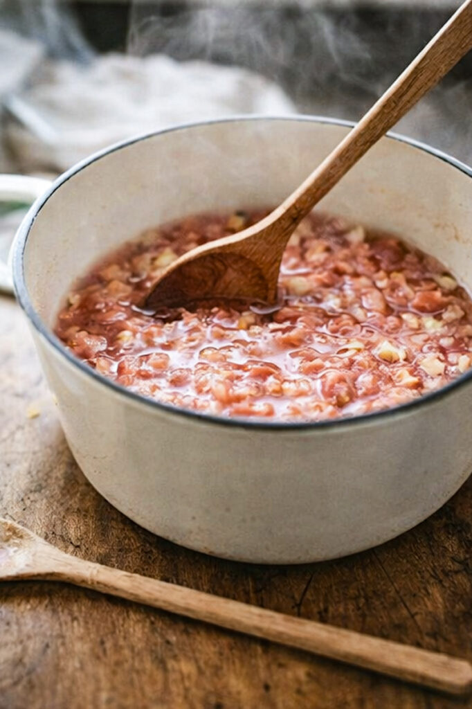 Simmering rhubarb in a pot to make a homemade rhubarb syrup recipe 