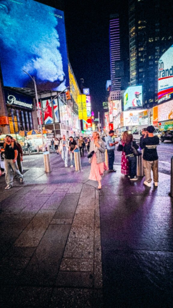 Deborah, B Vintage Style, walking in Times Square.
