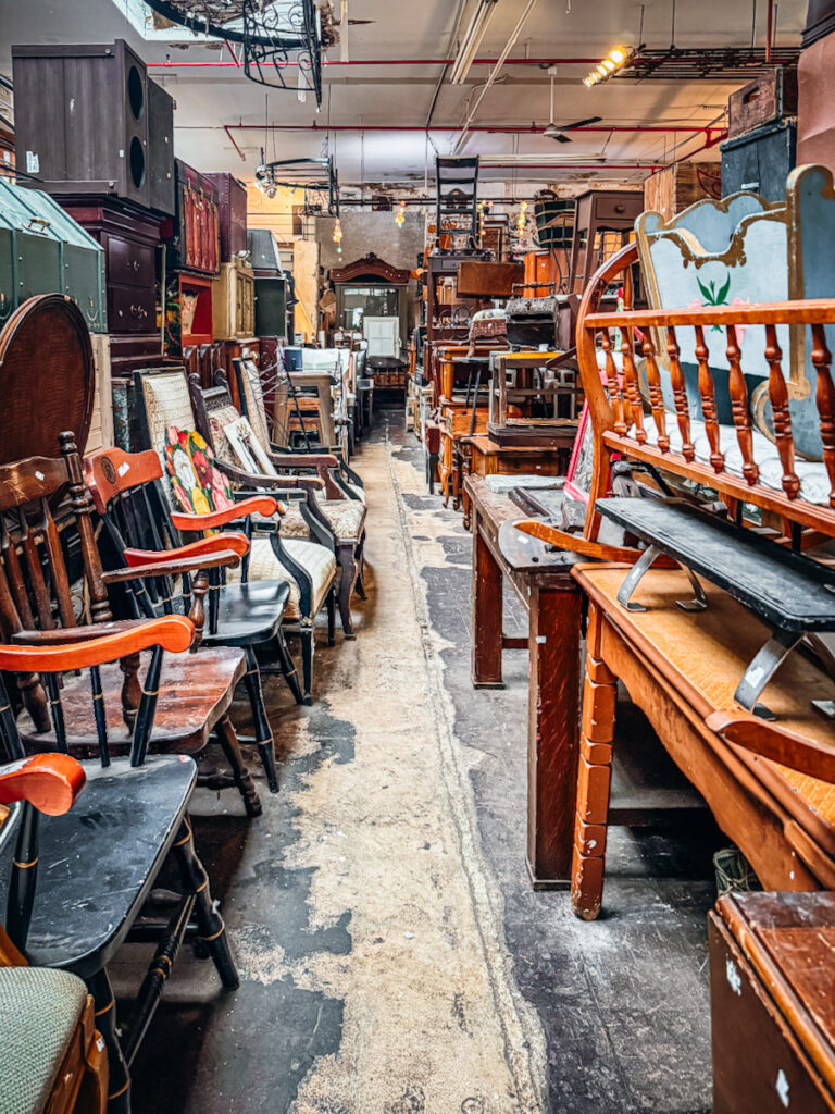 An antique shop with large furniture items in Brooklyn New York.