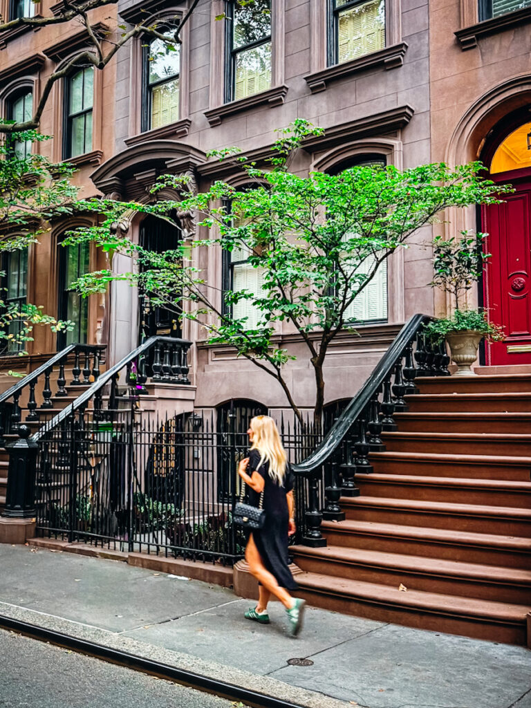 Deborah, from B Vintage Style, walking in the West Village in NYC on her way to do antique shopping.