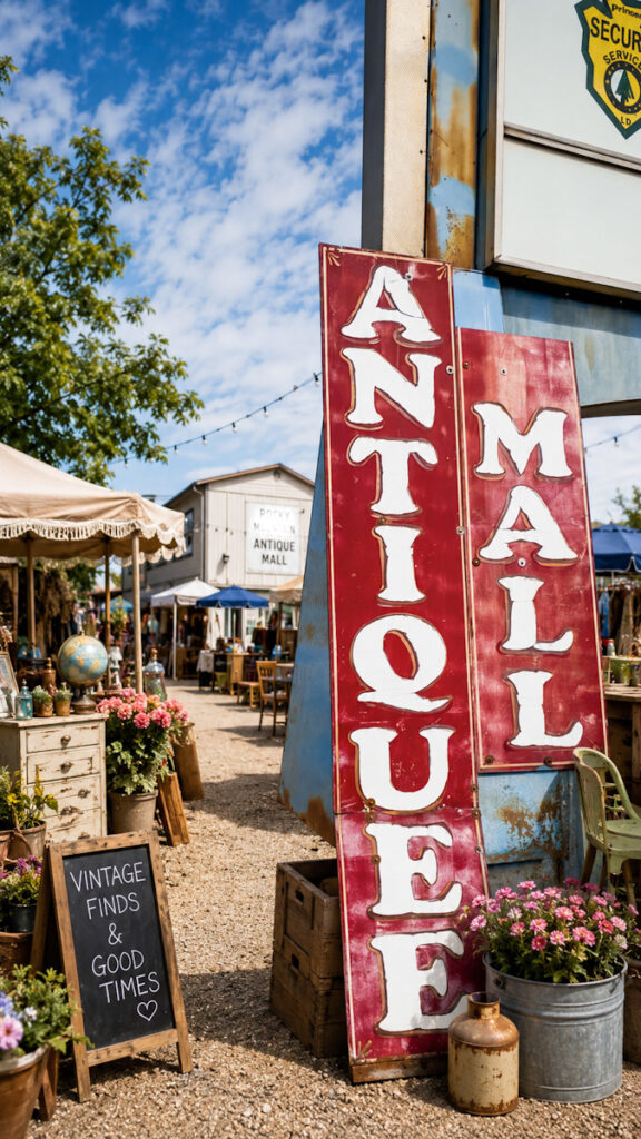 An antique mall and flea market that has a great big red sign in the front that says "antique mall".
