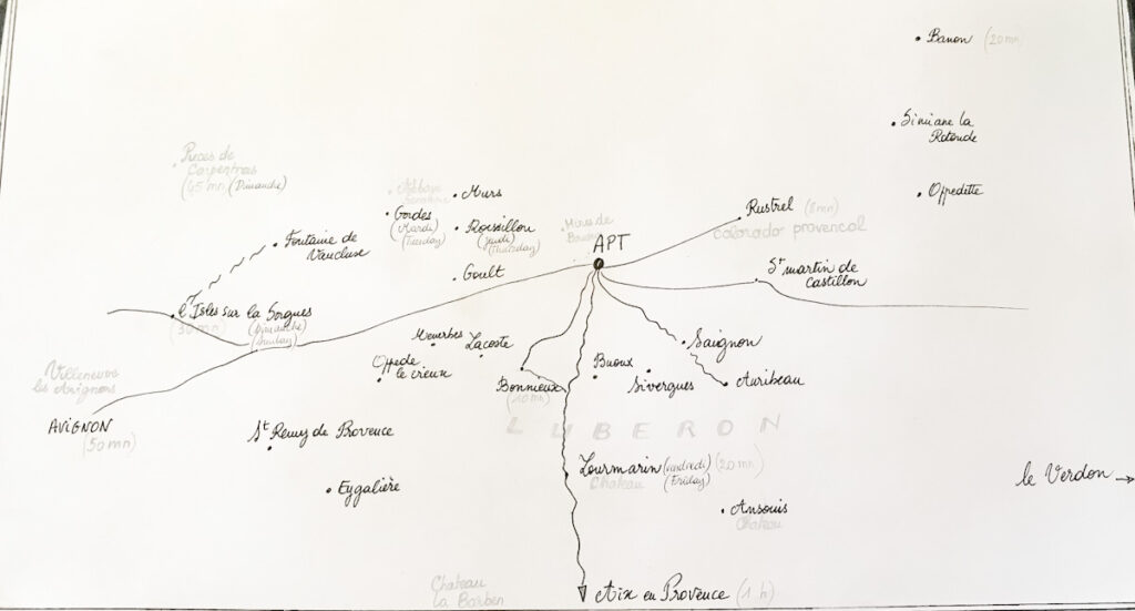A map with all of the antique markets in Luberon 