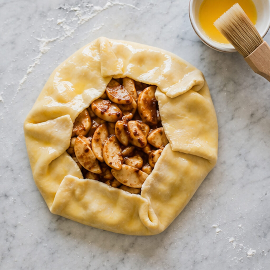 A yummy apple galette that's ready to go into the oven and just been covered with an egg wash 
