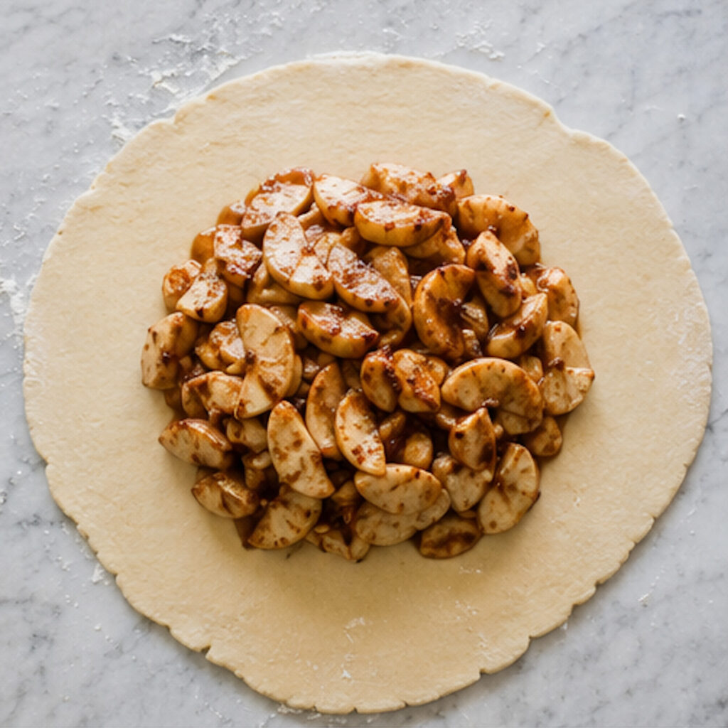 And a pie filling has been rolled out into a circle, and then the apples have been added in a pile in the center to make an apple galette. 
