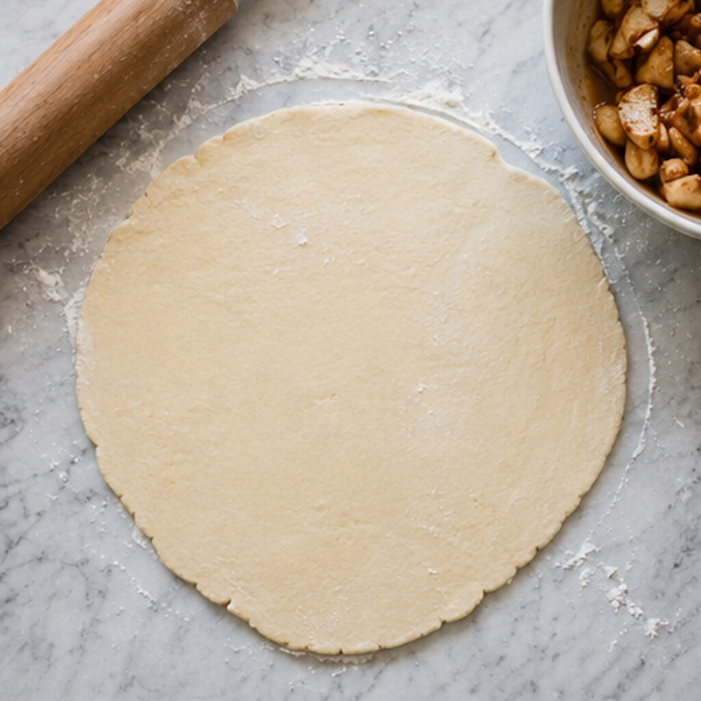 Pie dough that's been rolled into a large circle. 