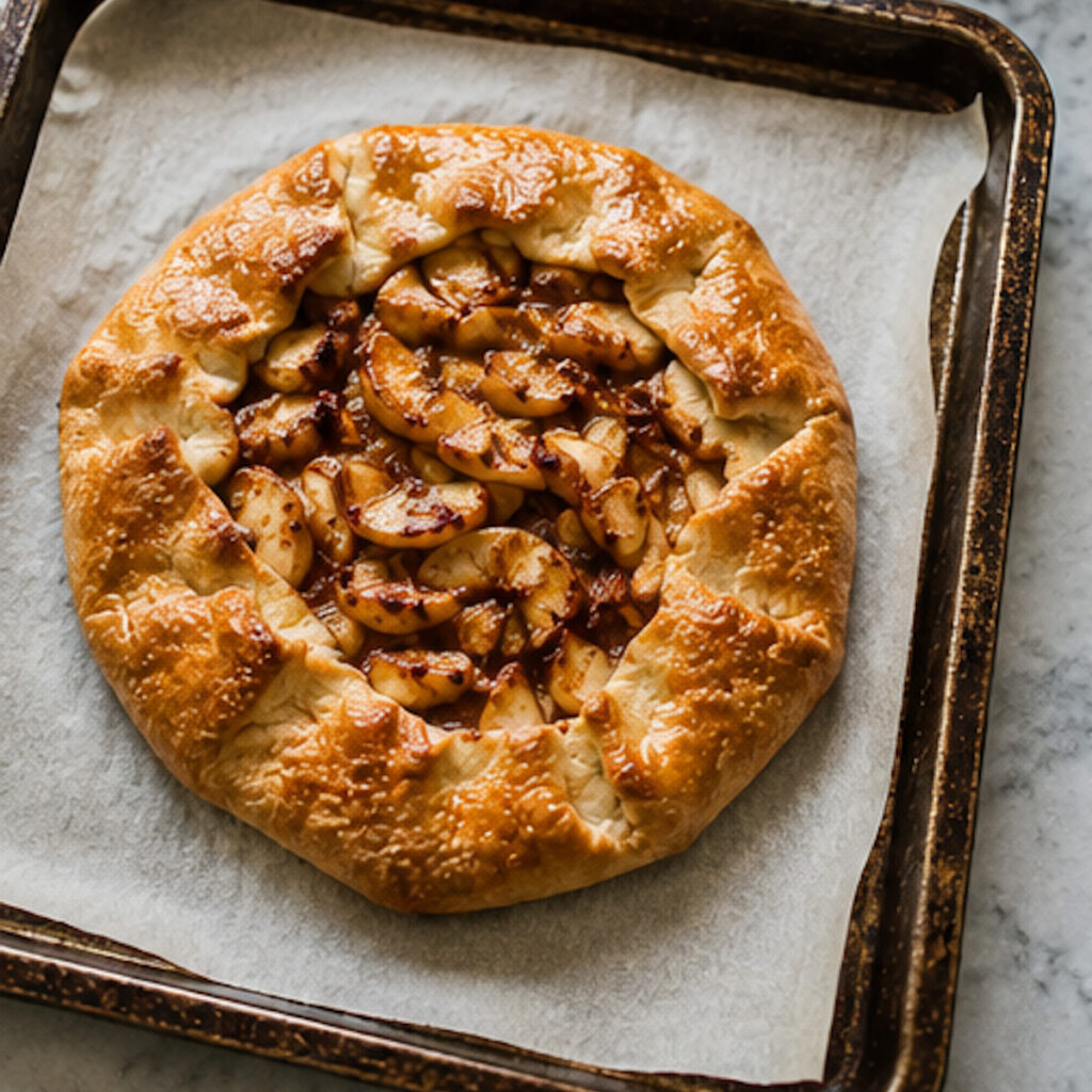 An apple galette that's just come out of the oven and has been baked 