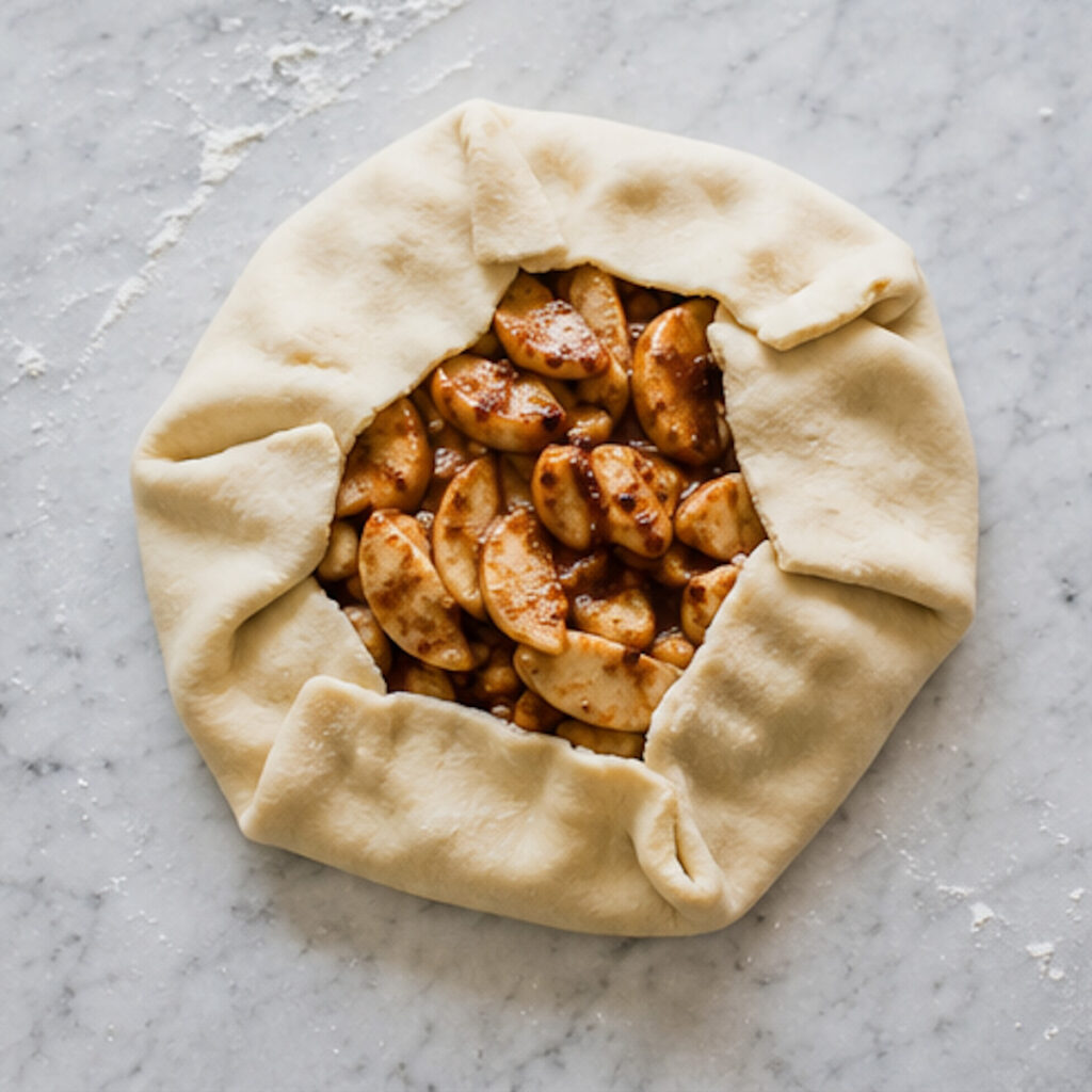 An apple galette that's been folded so that the top still shows the apple slices. 