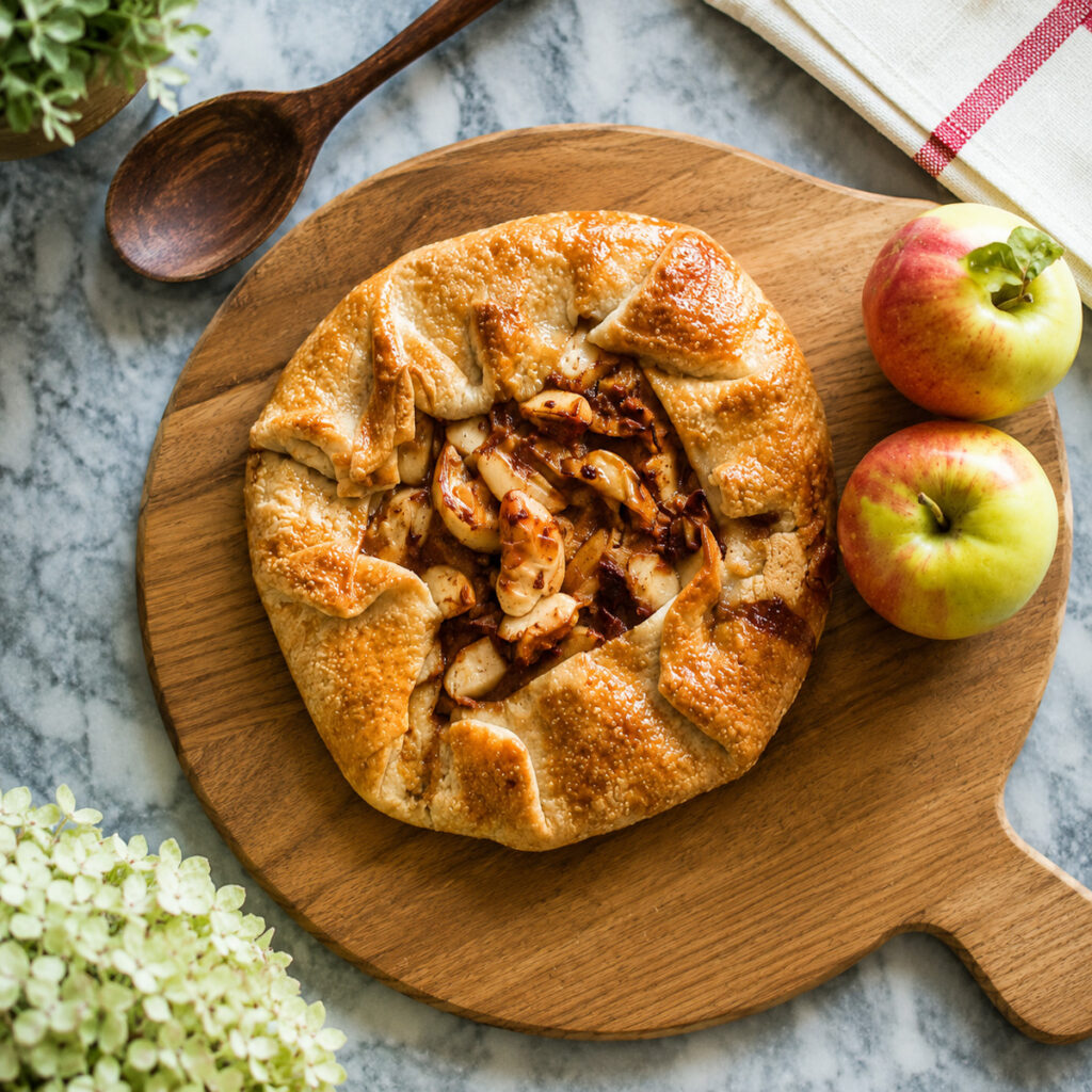 A yoey apple galette that has been placed on a cutting board with apples.