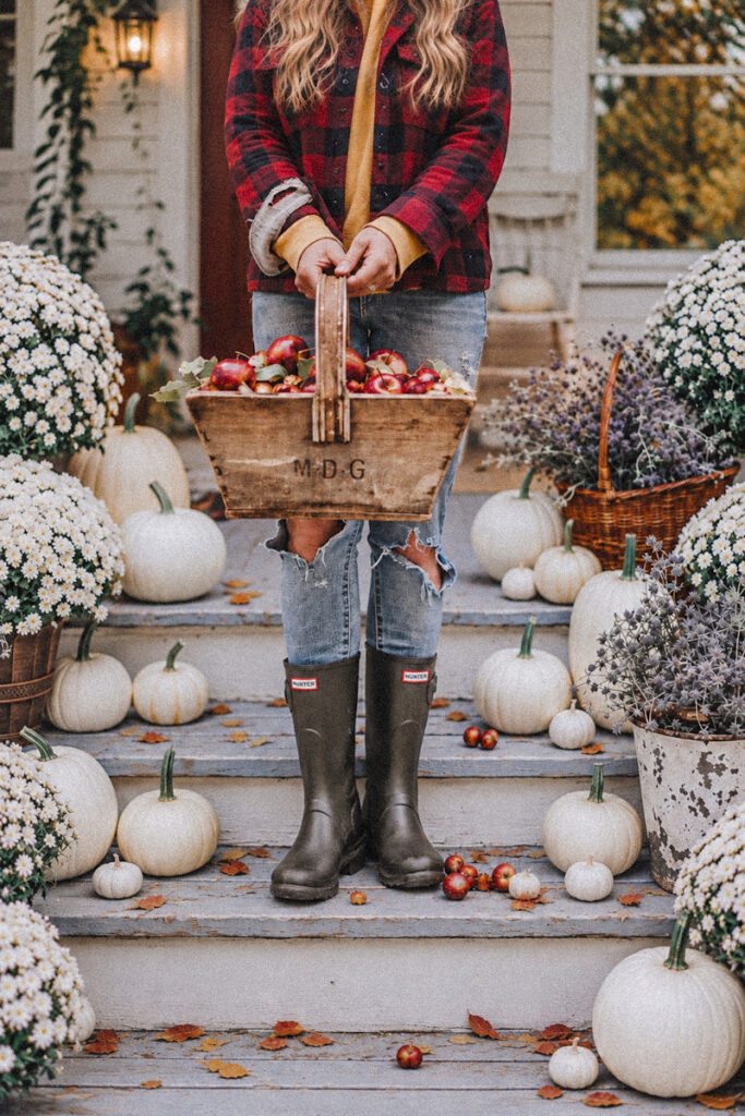 A cozy fall front porch with pumpkins, potted mums, and a girl in a red plaid jacket, carrying a basket full of apples.