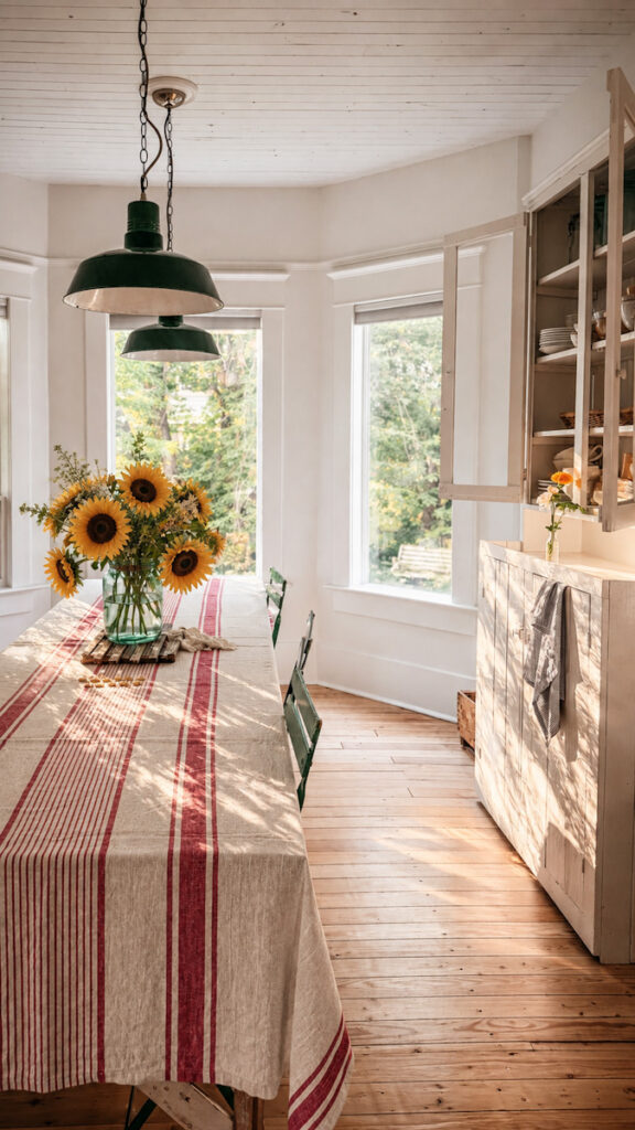 A dining room table covered in a European linen tablecloth with red stripes and a bouquet of sunflowers on the table.